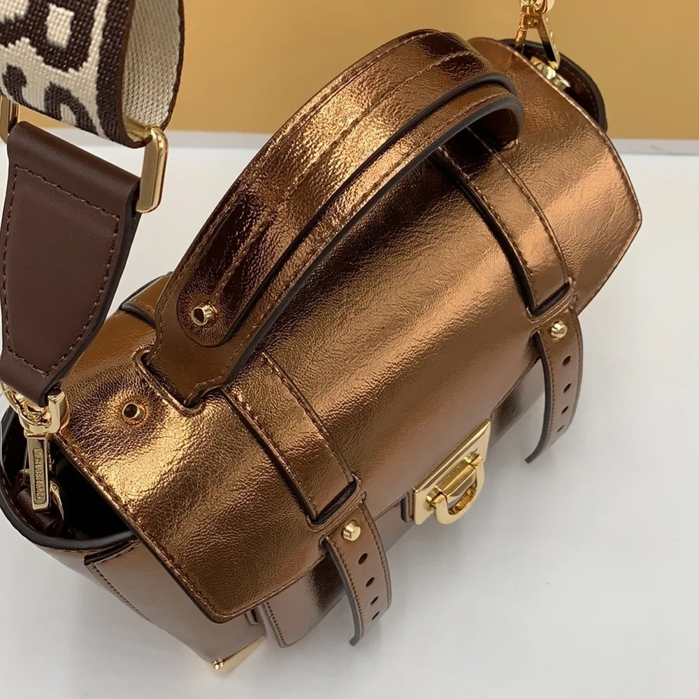 MICHAEL KORS Manhattan Medium Top Hand School Patent Satchel MOCHA COLOR